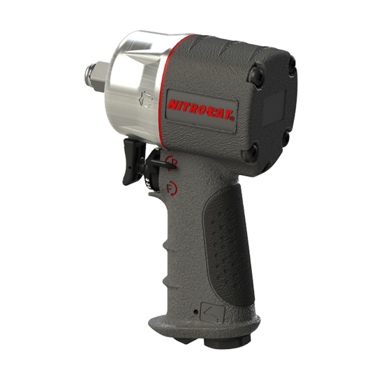 Black and silver compact impact wrench with red highlights on a white background