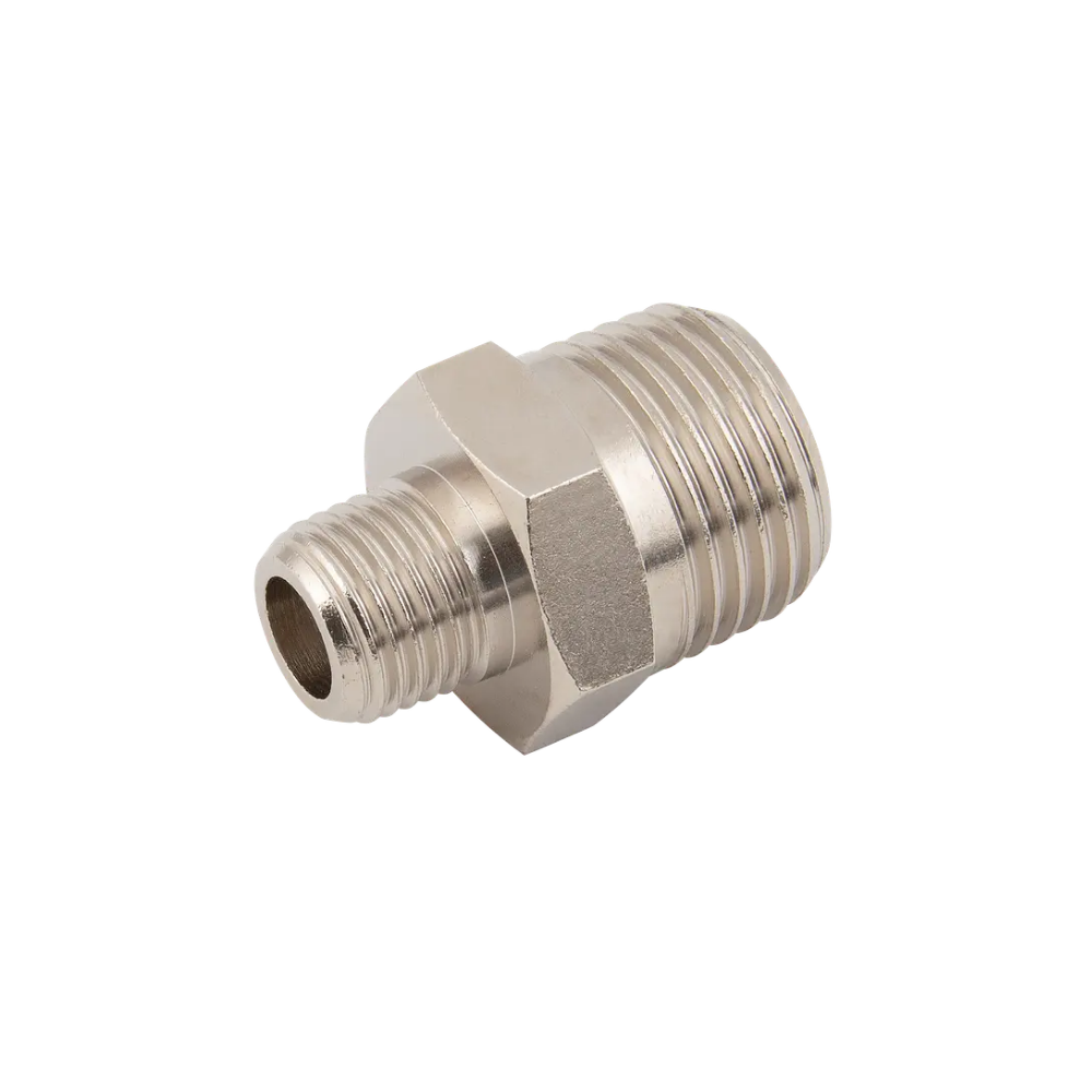 Silver Nickel Male Threaded Hex Nipple Fitting on a white background