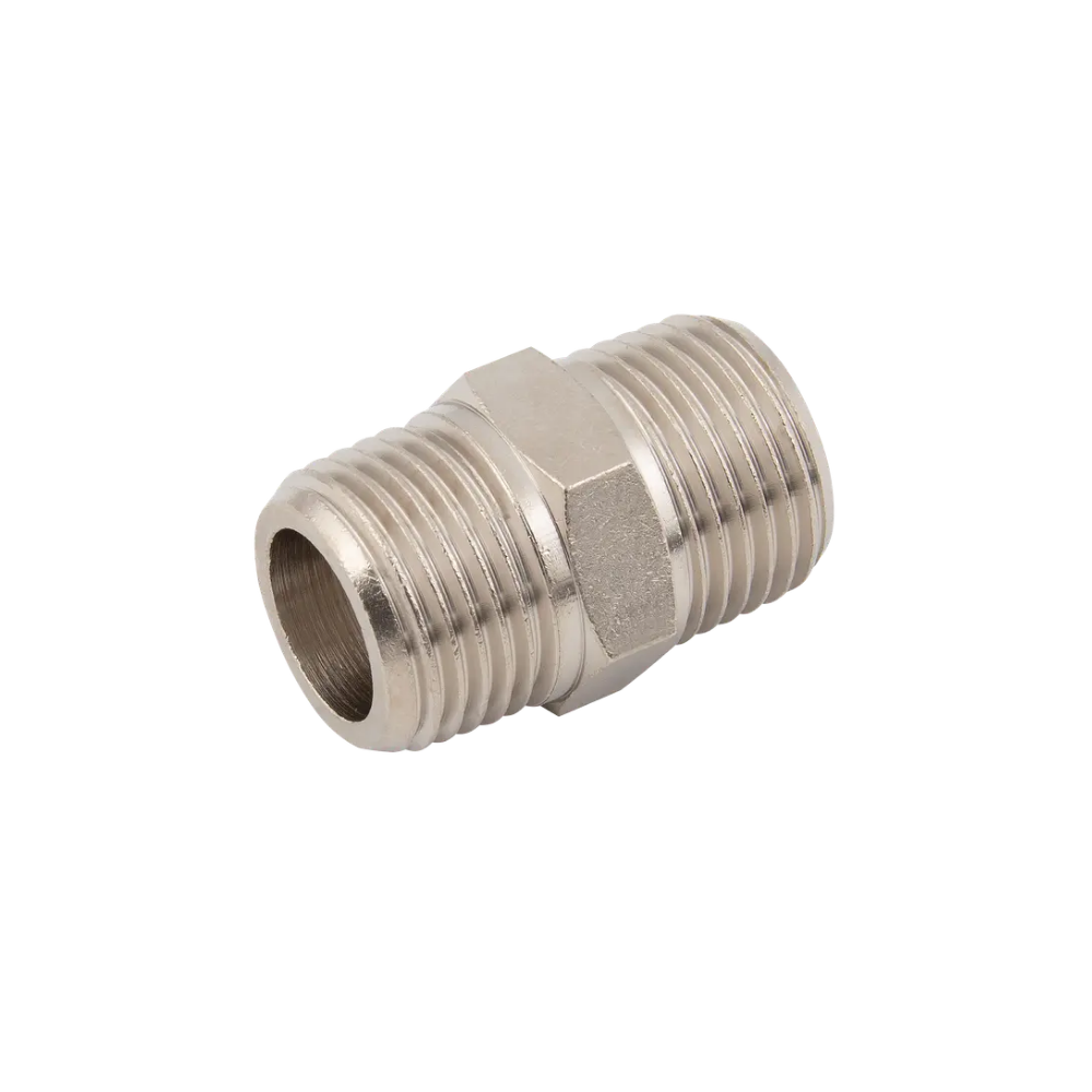 Silver Nickel Male Threaded Hex Nipple Fitting on a white background