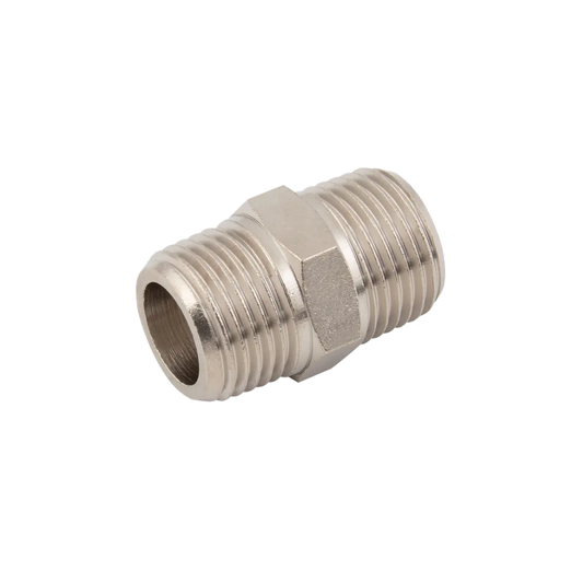 Silver Nickel Male Threaded Hex Nipple Fitting on a white background