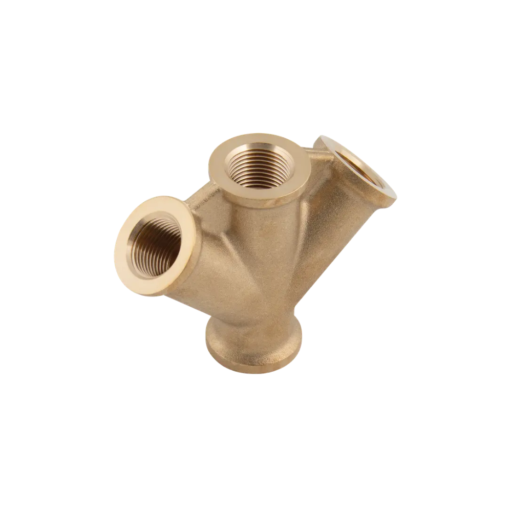 Gold Brass Female Triple Outlet Fitting on a white background