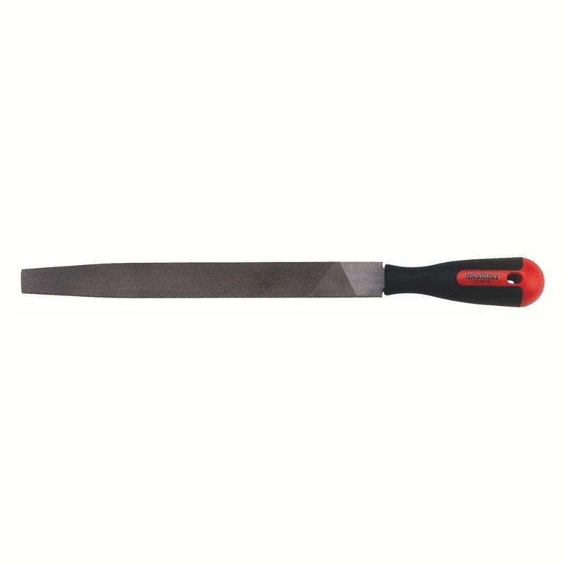 Teng Tools Hand File with red and black handle and engraving of tool details on the side, on a white background