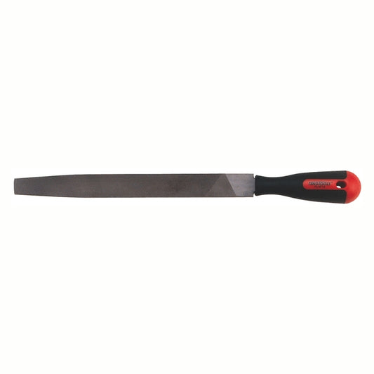 Teng Tools Hand File with red and black handle and engraving of tool details on the side, 