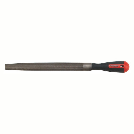 Teng Tools Hand File with red and black handle and engraving of tool details on the side, 