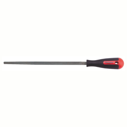 Teng Tools Hand File with red and black handle and engraving of tool details on the side, 