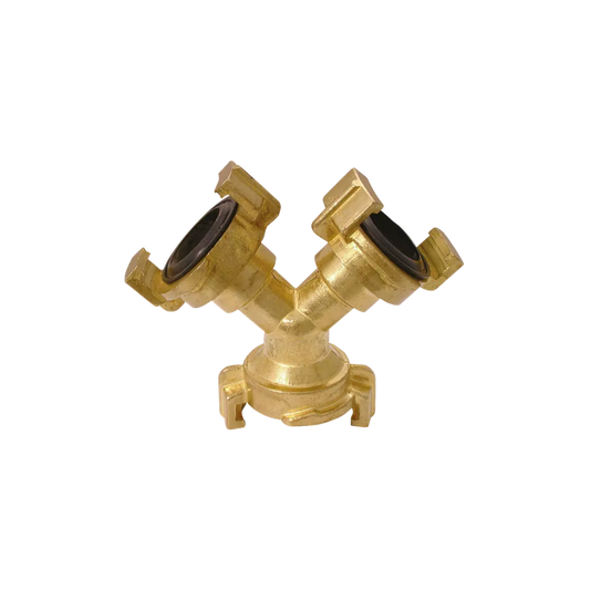 Gold Brass Coupling Triple Outlet Fitting on a white background