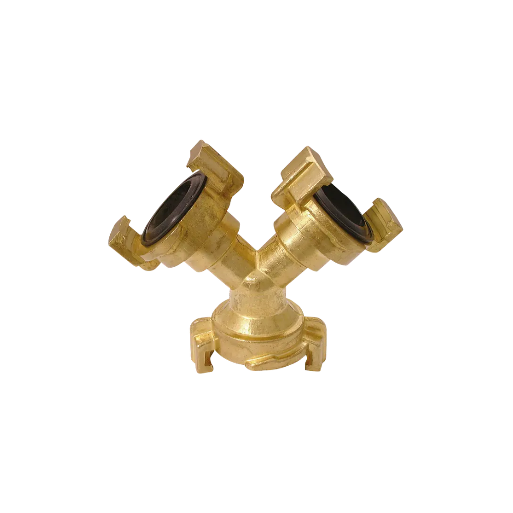 Gold Brass Coupling Triple Outlet Fitting on a white background