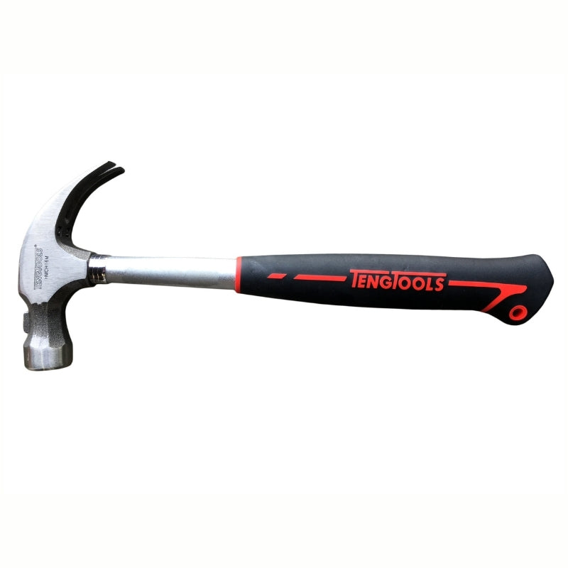 Teng Tools Magnetic Claw Hammer with red and black handle and engraving of tool details on the side, on a white background