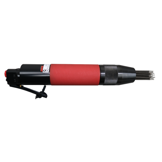 Black and red low vibration needle scaler on a blank background