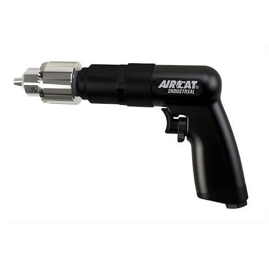 Side on perspective of black reversible drill with a silver chuck on a white background