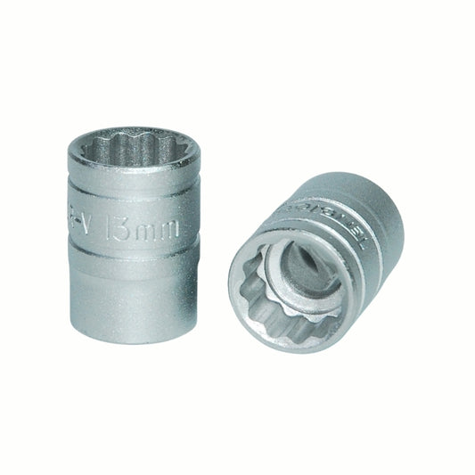 Silver Teng Tools 3/8" Socket 12 point with engraving of tool details on the side, two are shown laying 