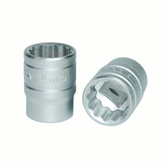 Silver Teng Tools 3/8" Socket 12 point with engraving of tool details on the side, two are shown laying 