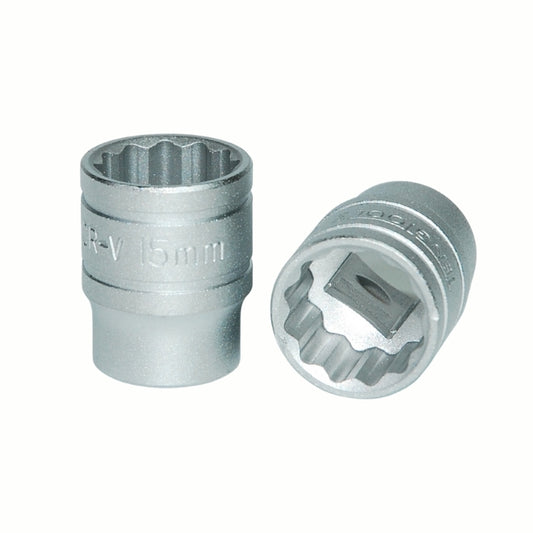 Silver Teng Tools 3/8" Socket 12 point with engraving of tool details on the side, two are shown laying 