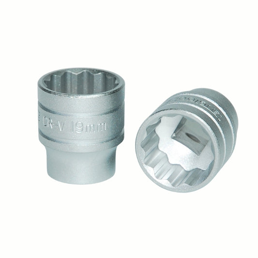 Silver Teng Tools 3/8" Socket 12 point with engraving of tool details on the side, two are shown laying 