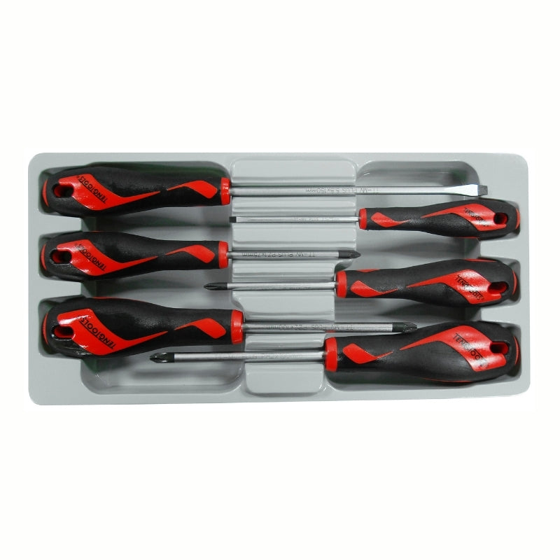 Red and Black Teng Tools Screwdriver Mixed 6 Piece Set with grey case on a white background