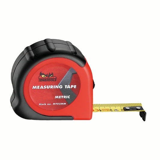 Red and Black Teng Tools Measuring Tape with logo on the side and yellow measuring tape slightly out, 