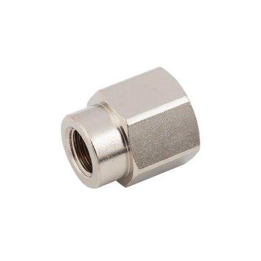 Silver Brass Nickel Female Hex Nipple Reducing Socket Fitting on a white background