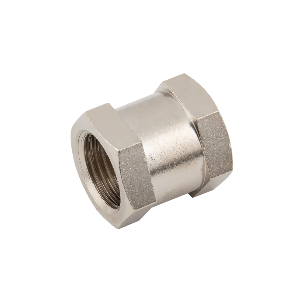 Silver Brass Nickel Female Hex Nipple Fitting on a white background