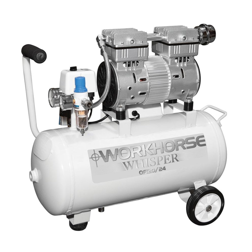 White ABAC air compressor on wheels with logo on the side on a white background
