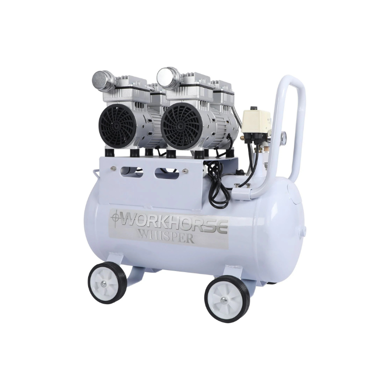 White ABAC air compressor on wheels with logo on the side on a white background