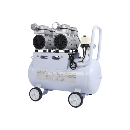 White ABAC air compressor on wheels with logo on the side on a white background
