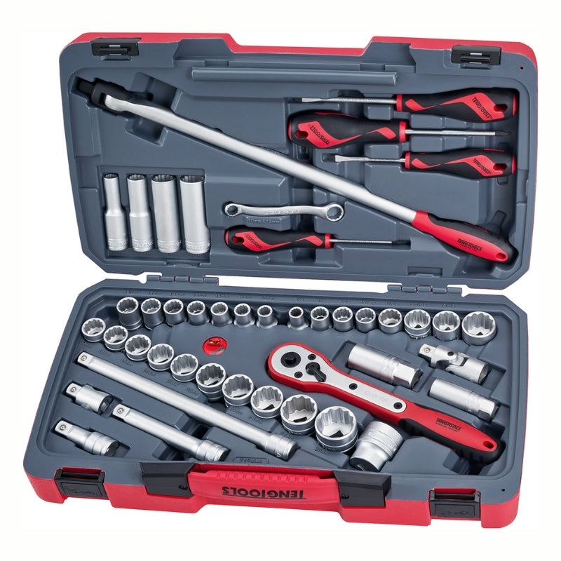 Teng Tools ⅜" Impact Socket 24 Piece Set with grey and red carry case, on a white background