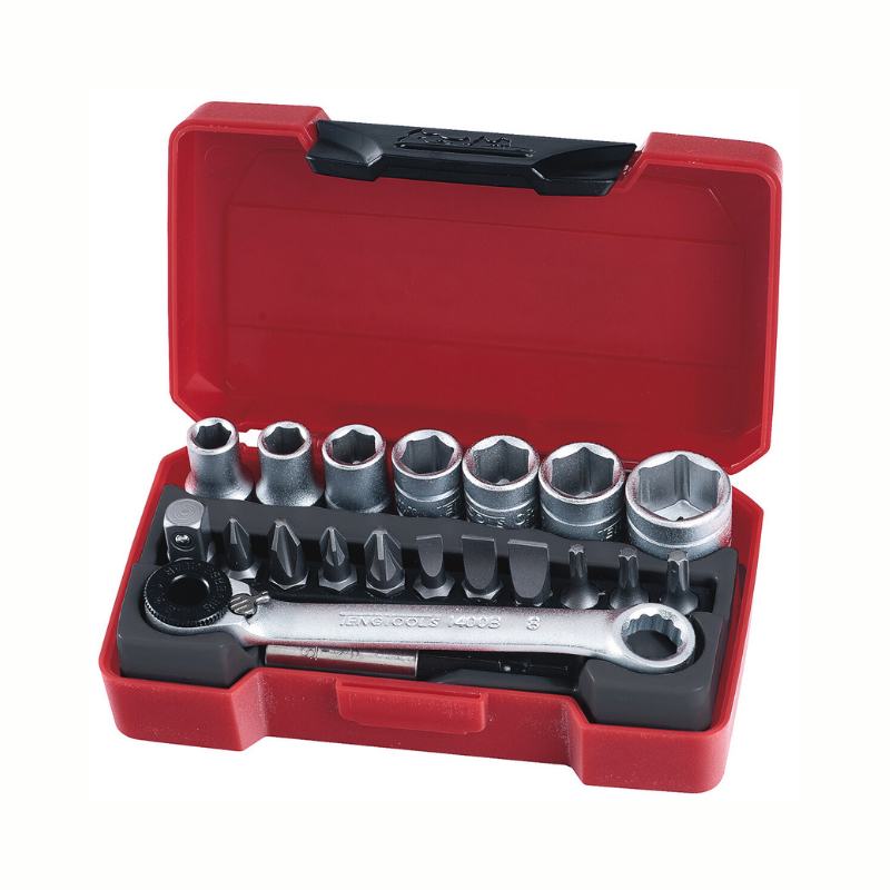 Red Teng Tools 1/4" 20 Piece Socket Set with case and open lid, on a white background