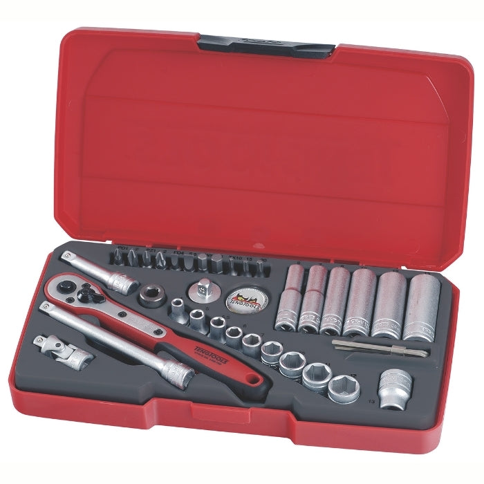 Teng Tools 1/4" Socket Set 6 Point 36 Pieces in red carry case, on a white background