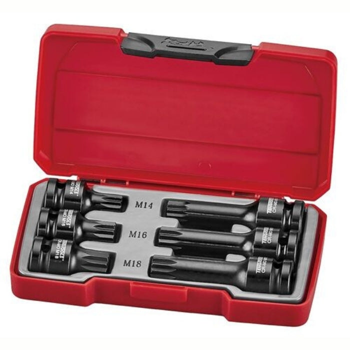 Teng Tools 1/2" XZN/Triple Square Impact Socket Set DIN 6 Pieces in red carry case, on a white background