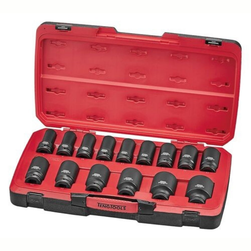 Teng Tools 3/4" Deep Impact Socket Set 17 Pieces in red and black carry case, on a white background