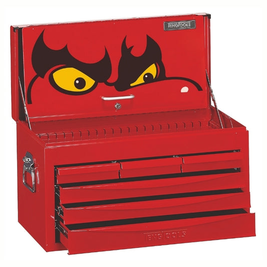 Red Teng Tools 26" Classic Tool Chest 6 Drawers with logo on the top, drawers slightly open,  