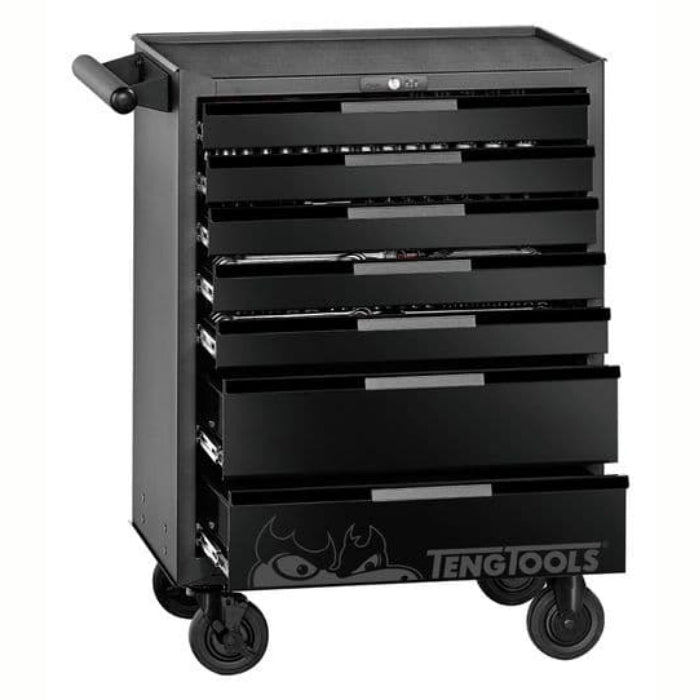 Black Teng Tools 37" Pro Cabinet 8 Drawers Black, drawers slightly open, on a white background 