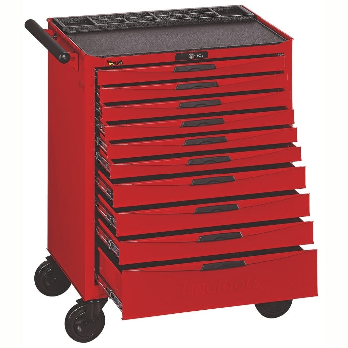 Red Teng Tools 26" Pro Cabinet 10 Drawers, drawers slightly open, on a white background 