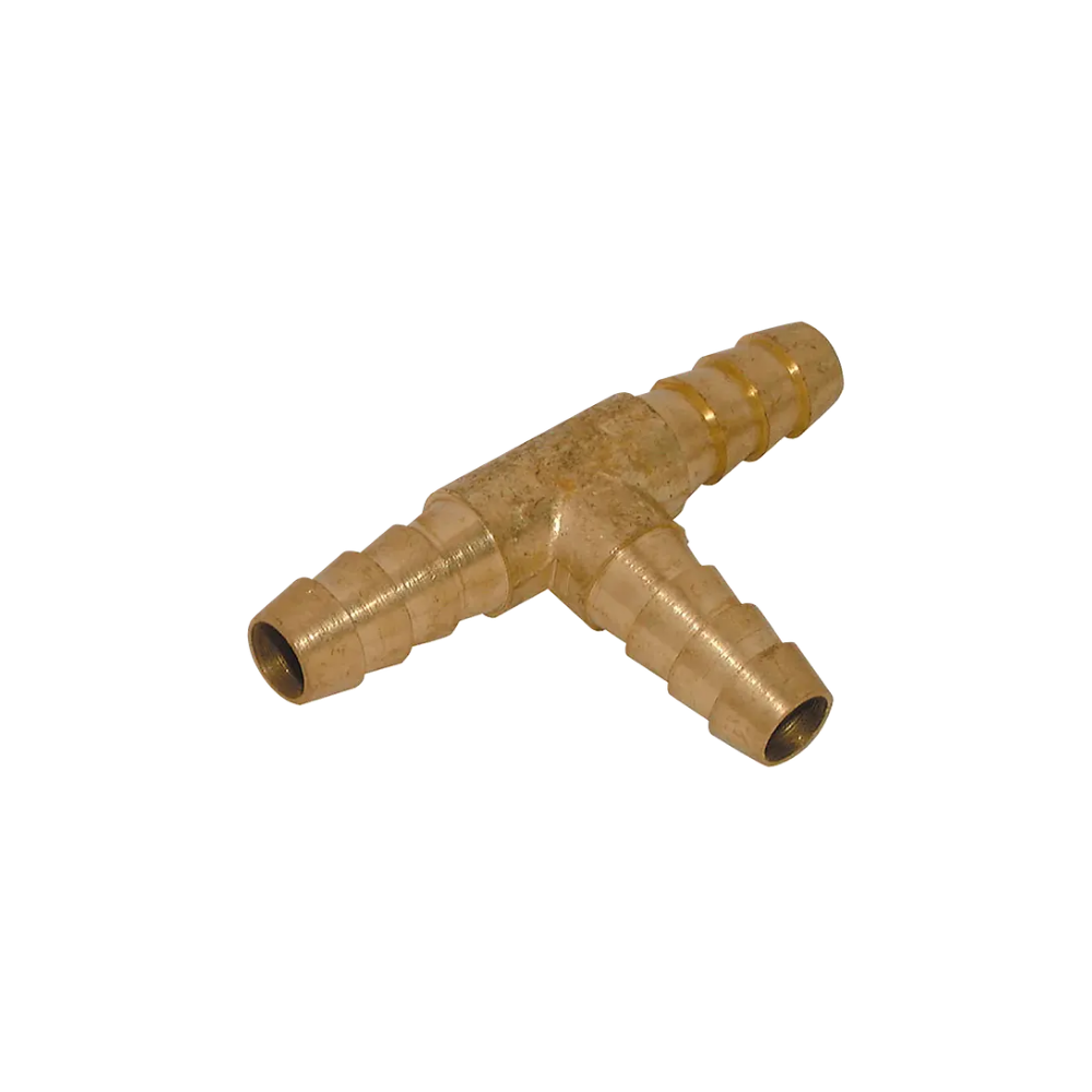 Gold Brass Equal Hose Tail Tee Fitting on a white background