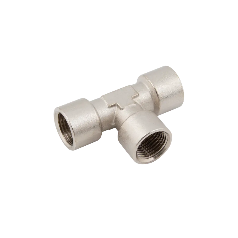 Silver Nickel Female Equal Tee Fitting on a white background