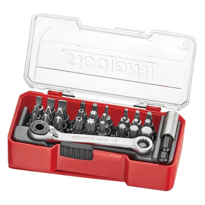 Red Teng Tools Bit Set With Belt Clip Mixed 29 Pieces, transparent lid open, on a white background