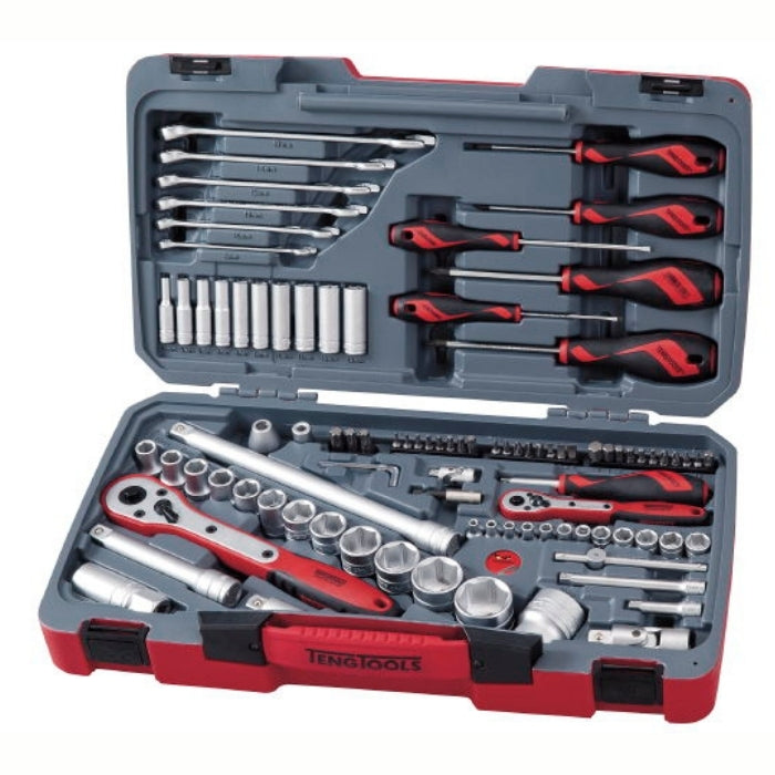 Teng Tools 1/4" & 1/2" Socket & Tool Set 95 Pieces with red and grey carry case, lid open, on a white background