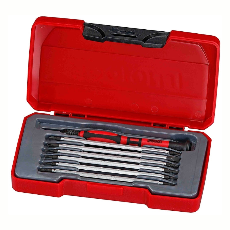 Teng Tools Mini Screwdriver Set Mixed 8 Pieces with red carry case, lid open, on a white background