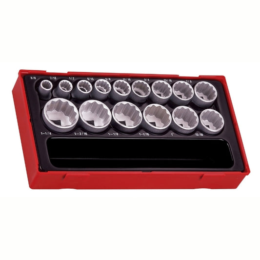 Teng Tools 1/2" Socket Set 12 Point AF 15 Pieces with black and red carry case, 
