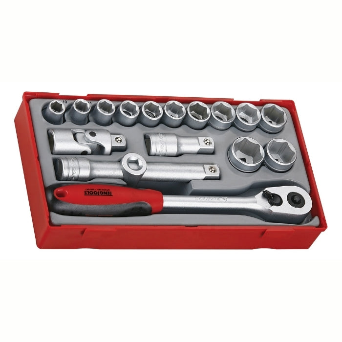 Teng Tools 1/2" Socket Set 6 Point 17 Pieces with grey and red carry case, on a white background