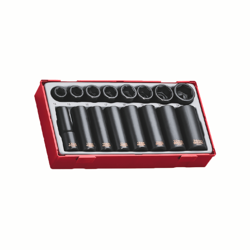 Teng Tools 1/2" Impact Socket Set 16 Pieces with grey and red carry case, on a white background