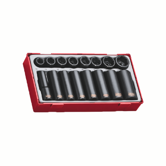 Teng Tools 1/2" Impact Socket Set 16 Pieces with grey and red carry case, on a white background