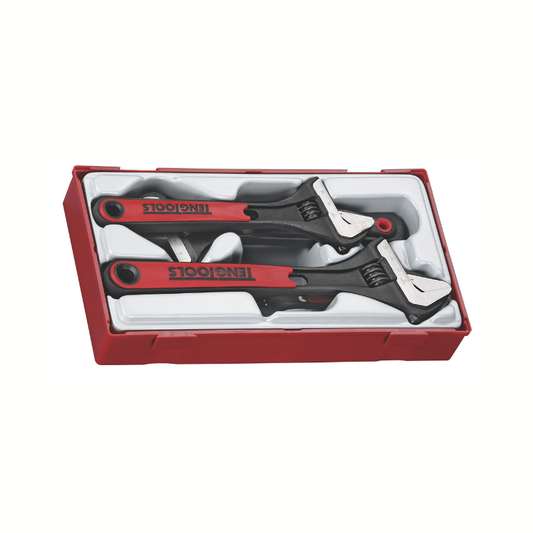 Black and Red Teng Tools Adjustable Wrench Set, in red storage case, on a white background