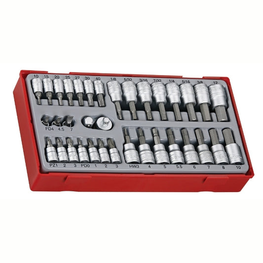 Teng Tools 1/4" & 3/8" Bit Socket Set 35 Pieces with grey and red carry case, 