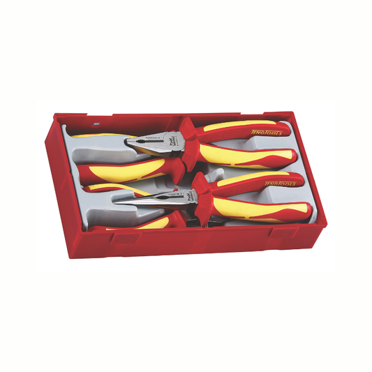 Red and Yellow Teng Tools Insulated Plier Set, in a red storage case on a white background