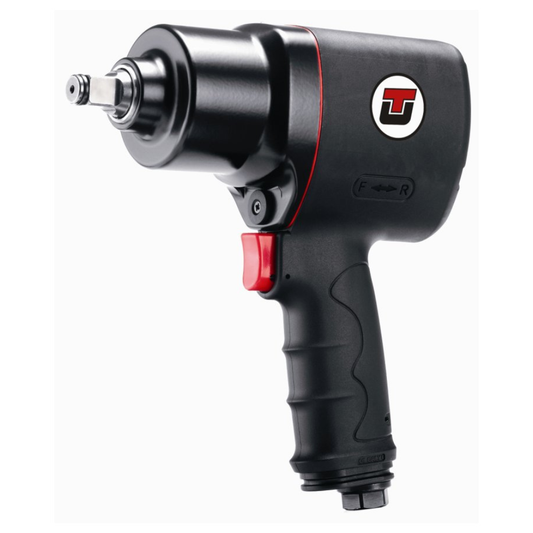 Black with red accents handhrld impact wrench on a white background.