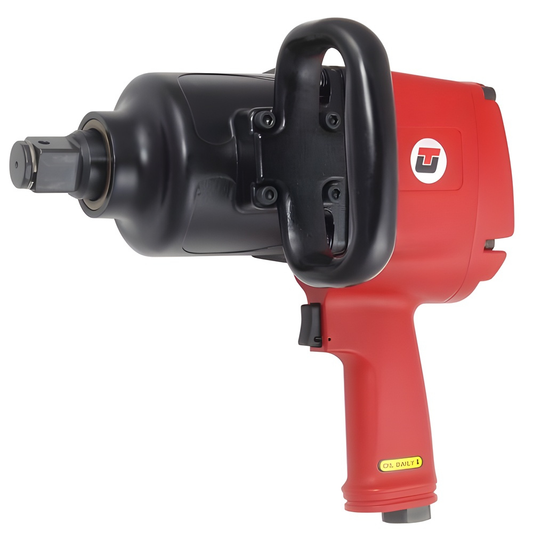 Black and red heavy duty imapct grench. Pistol grip and prominent extension on a white background.