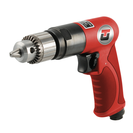 Red, Black and Silver drill, reversible chuck and key, with a blank background