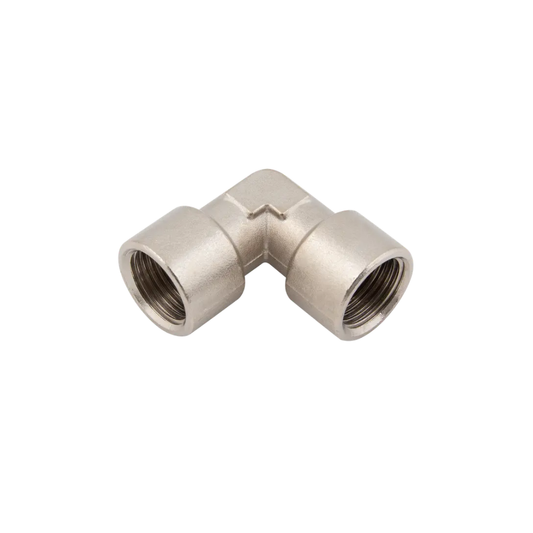 Silver Female Threaded Elbow Equal Brass Nickel Plated Fitting on a white background