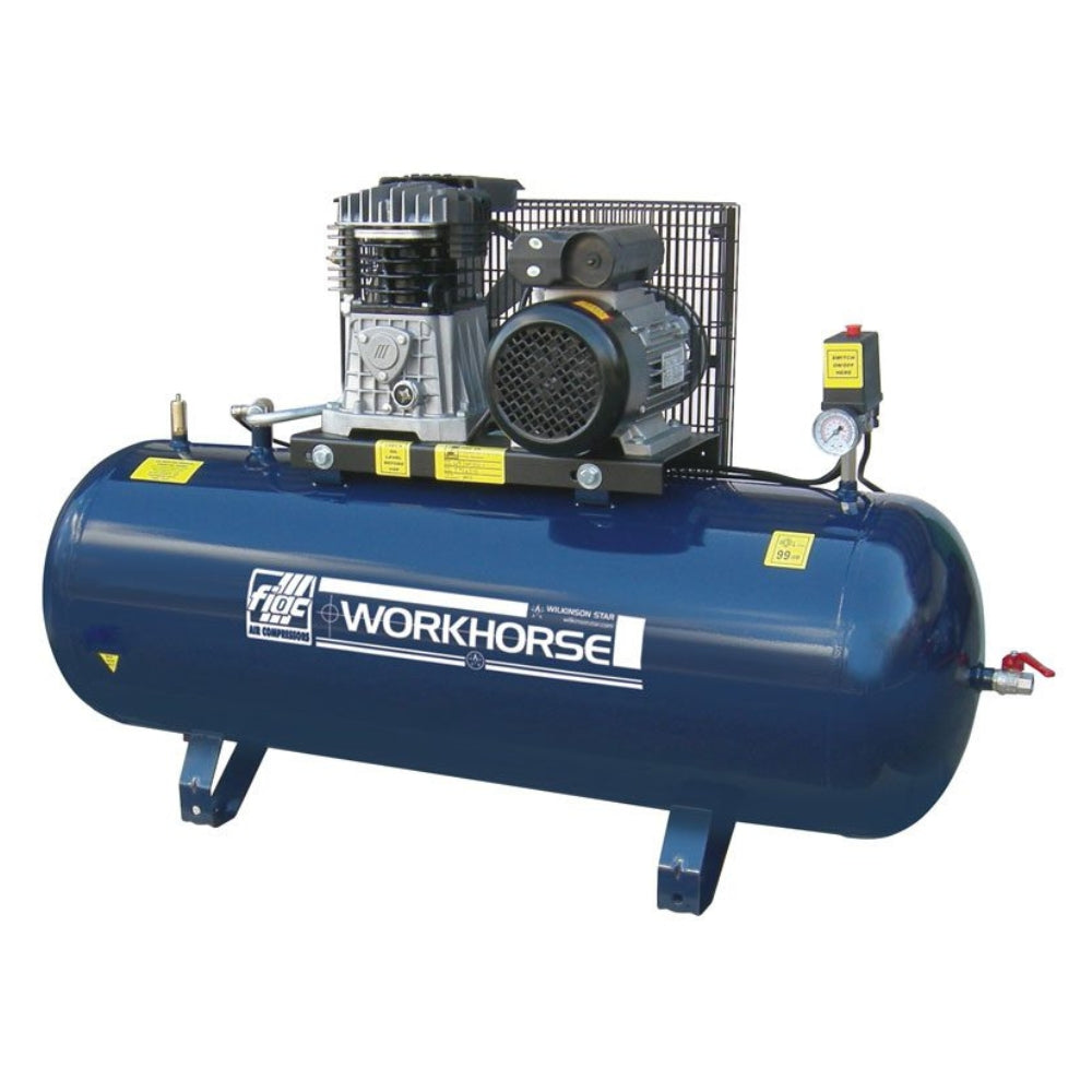 Blue Workhorse air compressor with logo on the side on a white background